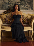 Vintage Black Strapless Ruffle Gown ¨C Sheer Waist-Cinching Evening Dress for Gala & Runway