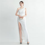 Hand Nailed Ostrich Feather Off Shoulder Sequined Evening Dress with Roman Collar