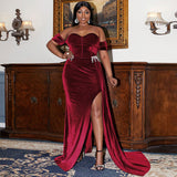 Velvet One Shoulder Slit Floor Length Prom Dress
