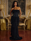 Vintage Black Strapless Ruffle Gown ¨C Sheer Waist-Cinching Evening Dress for Gala & Runway