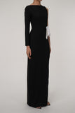 Asymmetrical Boat Neck Cutout Big Bow High Split Maxi Evening Dress - Black