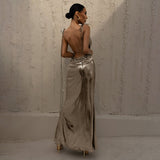 Metallic Coated Fabric Spring Summer Women Clothing off Neck Sexy Backless Slim Fit Evening Dress