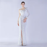 Craft Ostrich Feather Ruffled Side Slit High End Sequined Evening Dress