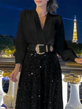 TARUXY Splice Sequins Maxi Dresses For Women Fashion Folds Loose V Neck Elegant Dress Femme Party Evening Dresses Luxury 2025