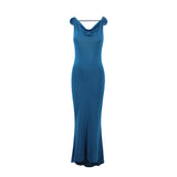Women Slim Fit Sexy Evening Dress Deep V Plunge neck Backless Floral Decorative Shoulder Strap Fishtail Dress