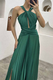 Elegant Solid Fold Halter Evening Dress Dresses