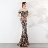 Off the Shoulder Sequined Evening Dress: Long Fish Tail, Slim Fit