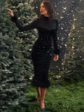 TARUXY Mesh Splice Maxi Dress Women High Waist Slim Feather Temperament Dresses Female Party Retro Elegant Evening Dress Woman