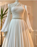 Muslim Wedding Dress Long Sleeves With Pearls Chiffon Appliques Long Pleated Bridal Gowns Y6727