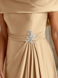 A-Line Scoop Floor-Length Stretch Satin Mother of the Bride Dress With Cascading Ruffles