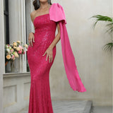 Red off Shoulder Dress Niche Irregular Asymmetric Single Shoulder Suspender Waist Slimming Sequined Elegant Evening Dress