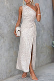 Celebrities Formal Solid Sequins Draw String Slit Oblique Collar Evening Dress Dresses