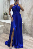 Elegant Solid Fold Halter Evening Dress Dresses