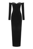 Vintage Eyelash Off Shoulder Long Sleeve Bodycon Velvet Maxi Evening Dress