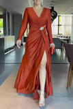 Prom Elegant Hollow Out Slit Ruched V Neck Evening Dresses(4 Colors)