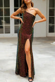 Sexy Formal Solid Sequins Slit Oblique Collar Evening Dress Dresses