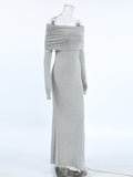 Long Sleeves Skinny Pleated Solid Color Split-Joint Off-The-Shoulder Evening Dresses Maxi Dresses