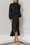 Elegant Solid Flounce Fold Turtleneck Evening Dress