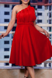 Elegant Solid Patchwork Fold Oblique Collar Evening Dress Dresses