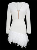 TARUXY Deep V Neck Mini Dress For Women Feathers Patchwork Sexy Bodycon Dresses Ladies Slim Solid Party Prom Dress Woman 2025