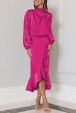 Elegant Solid Flounce Fold Turtleneck Evening Dress