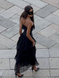 Vintage Black Strapless Ruffle Gown ¨C Sheer Waist-Cinching Evening Dress for Gala & Runway