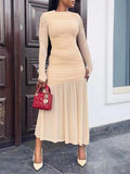 Long Sleeves Skinny Pleated See-Through Solid Color Split-Joint Round-Neck Evening Dresses Maxi Dresses