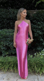 Pink Halter Mermaid Long Prom Dress Formal Evening Gown Y8477