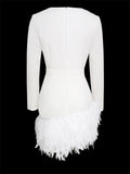 TARUXY Deep V Neck Mini Dress For Women Feathers Patchwork Sexy Bodycon Dresses Ladies Slim Solid Party Prom Dress Woman 2025