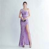 Heavy Industry Ostrich Hair Craft Beading Evening Dress with Side Slit