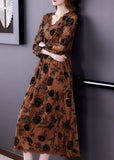 Elegant Coffee Cinched Print Lace Long Dresses Spring