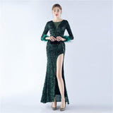 Handmade Sequin Craft Order Ostrich Feather Long Sleeve Evening Dress