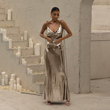 Metallic Coated Fabric Spring Summer Women Clothing off Neck Sexy Backless Slim Fit Evening Dress