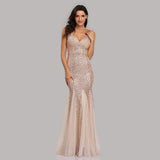 Sequin Stitching Mesh Mermaid Evening Dress Double V Neck Sleeveless Bridesmaid Elastic Dress