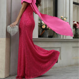Red off Shoulder Dress Niche Irregular Asymmetric Single Shoulder Suspender Waist Slimming Sequined Elegant Evening Dress