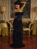 Vintage Black Strapless Ruffle Gown ¨C Sheer Waist-Cinching Evening Dress for Gala & Runway