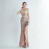 Heavy Industry Ostrich Hair Craft Beading Evening Dress with Side Slit