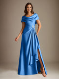 A-Line Scoop Floor-Length Stretch Satin Mother of the Bride Dress With Cascading Ruffles