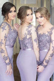 Lavender Lace Long Sleeves Bridesmaid Dress, Mermaid Wedding Party Dresses
