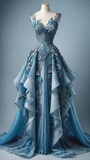 Classy Blue Chiffon Appliques Ruffles Long Prom Dress Evening Dress Y8385