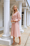 Women Chiffon V Neck Long Sleeves Knee Length Bridesmaid Prom Evening Dress Wedding Party Shopping SY28107