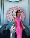 Pink Halter Mermaid Long Prom Dress Formal Evening Gown Y8477