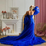 Royal Blue Bridal Tulle Maternity Dress with Detachable Sleeves Long Train Nightgown Sleepwear for Photo Shoot Unique Prom Gowns