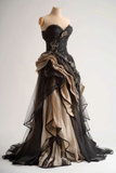 Vintage Black Tulle lace Appliques Pleated Evening Dress Prom Dress Y8354