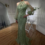 2025 Elegant Sage Green Halter Neck Beaded Luxury Mermaid Evening Dress for Formal Occasion Saudi LA72737