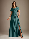 A-Line Scoop Floor-Length Stretch Satin Mother of the Bride Dress With Cascading Ruffles