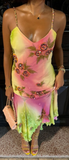 Pink Green Gradient Beaded Spaghetti Strap Chiffon Long Ruffled Evening Dress Party Prom Dress Y8495