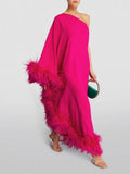 Spring Summer Women Clothing Feather One Shoulder Large Swing Evening Dress ¨C Elegant and Stylish Option for Special Occasions