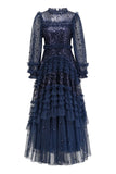 Sparkly Sequin Polka Dot Ruffle Mock Neck Tiered Tulle Maxi Evening Dress