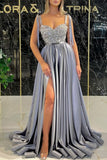 Sexy Formal Patchwork Frenulum Backless Slit Spaghetti Strap Evening Dress (Without Belt)